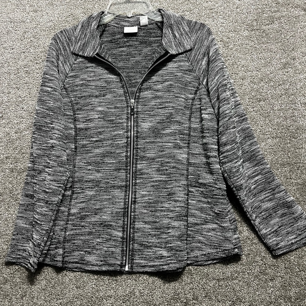 Chicos Womans textured black white full zip athletic jacket size 2 medium